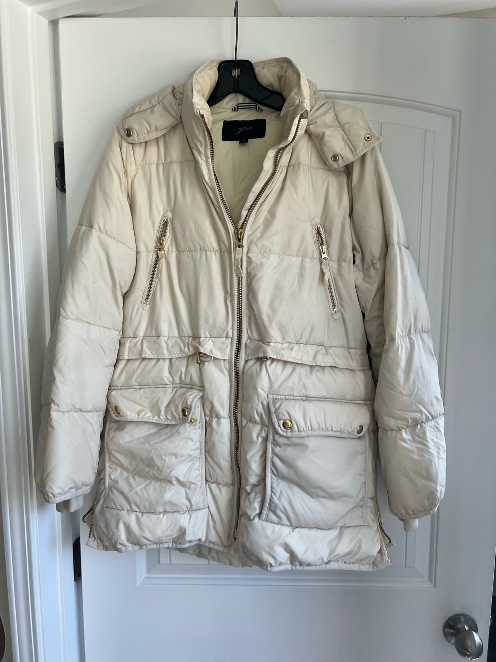 J. Crew Cream Quilted Puffer Coat with Hood